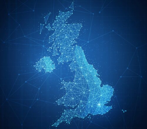 Polygon United kingdom map on blockchain banner.